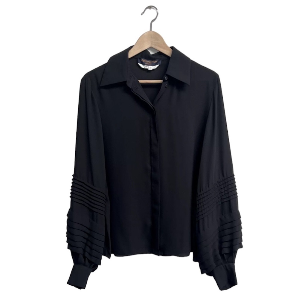 LOUIS VUITTON Uniform Black Blouse Pleated Balloon Detailed Sleeves Size 36